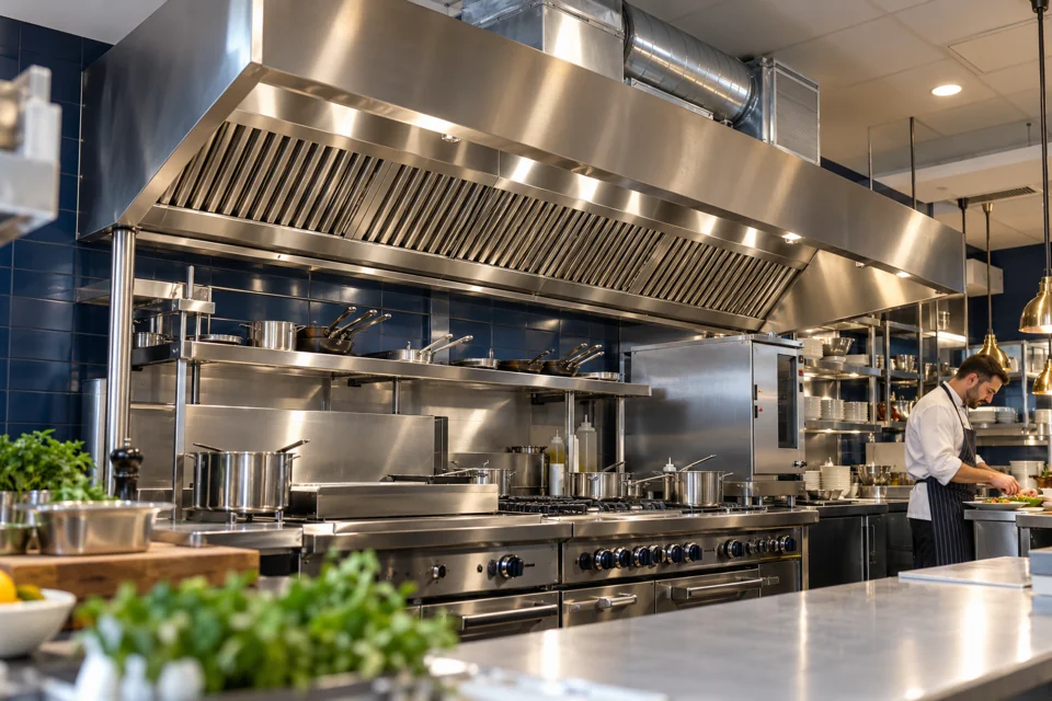 Stainless-steel extraction canopy and baffle filters above a commercial cooking line, with a chef preparing food