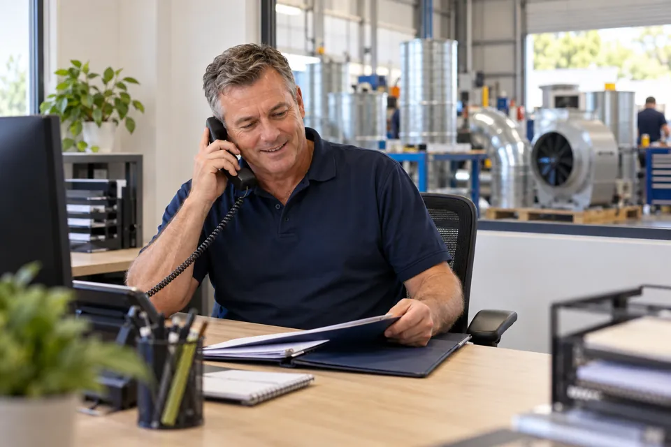 Service coordinator taking a telephone enquiry beside a ventilation workshop
