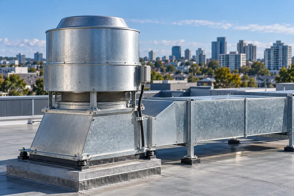 Rooftop commercial exhaust fan connected to metal ductwork