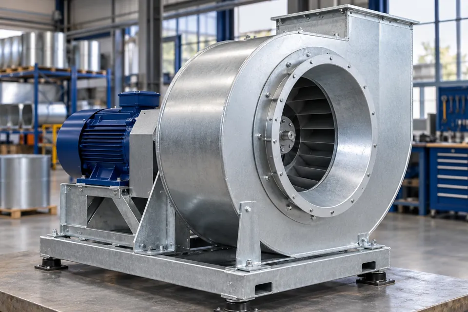Centrifugal ventilation fan with a blue motor on a workshop platform