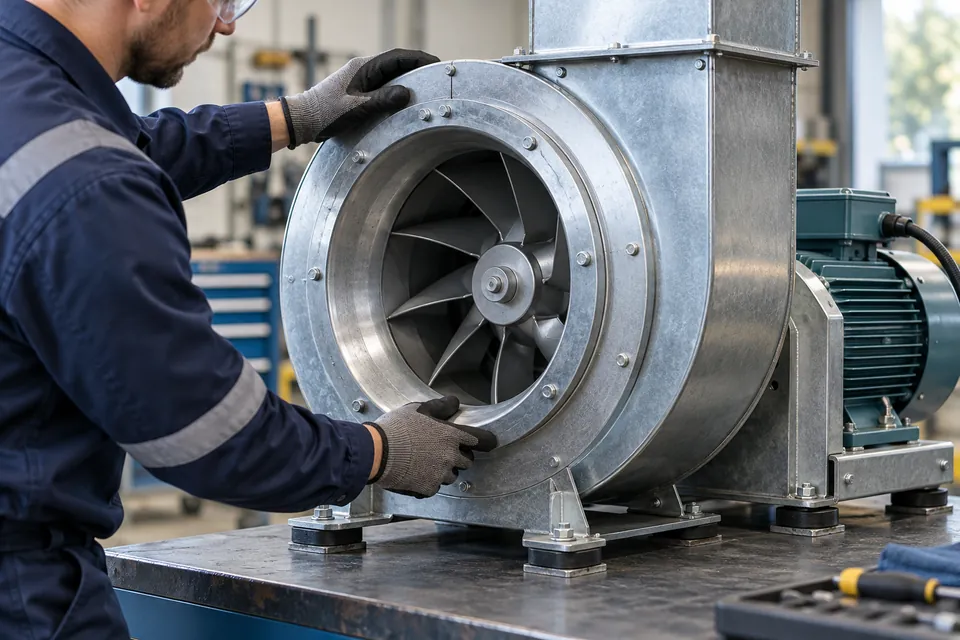 Technician inspecting a stationary commercial fan assembly on a workbench